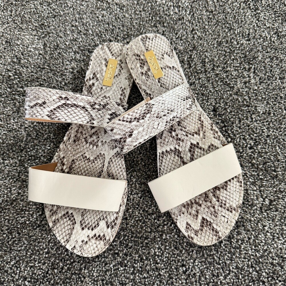Qupid Slide Sandals Womens Snakeskin Print White Double Strap Flat Slip-On